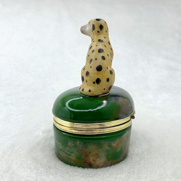 Vintage Fitz and Floyd Spotted Dalmatian Dogs Trinket Box Green Porcelain 1985 - Picture 2 of 11